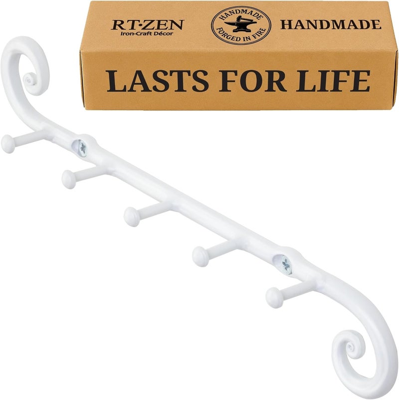 RTZEN Farmhouse Small Key Holder for Wall - Handcrafted Swirl Decorative 5 Key Hooks for Home Entryway - Wrought Iron Wall Mount Rack Purse Coat and Leash Holder or Organizer (Classic White) - Image 1